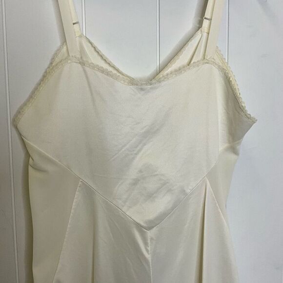 Lingerie Nylon Satin Slip Dress 34 S Floral Lace Adjustable Straps Beige Vintage - Picture 7 of 10